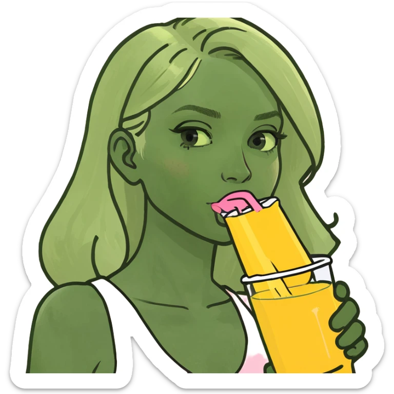 Blond girl with light pink dress dring yellow juice sticker