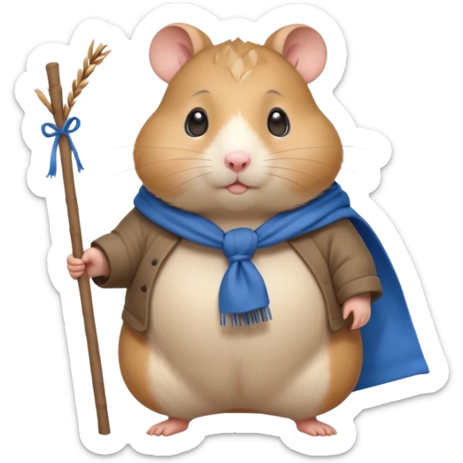 Cute fat cartoon-style hamster, standing upright like a traveler, carrying a stick with a tied blue cloth bundle (bindle) over its shoulder. Painted in a soft, hand-drawn style with light shading, expressive big eyes, and a slightly whimsical, melancholy expression. sticker