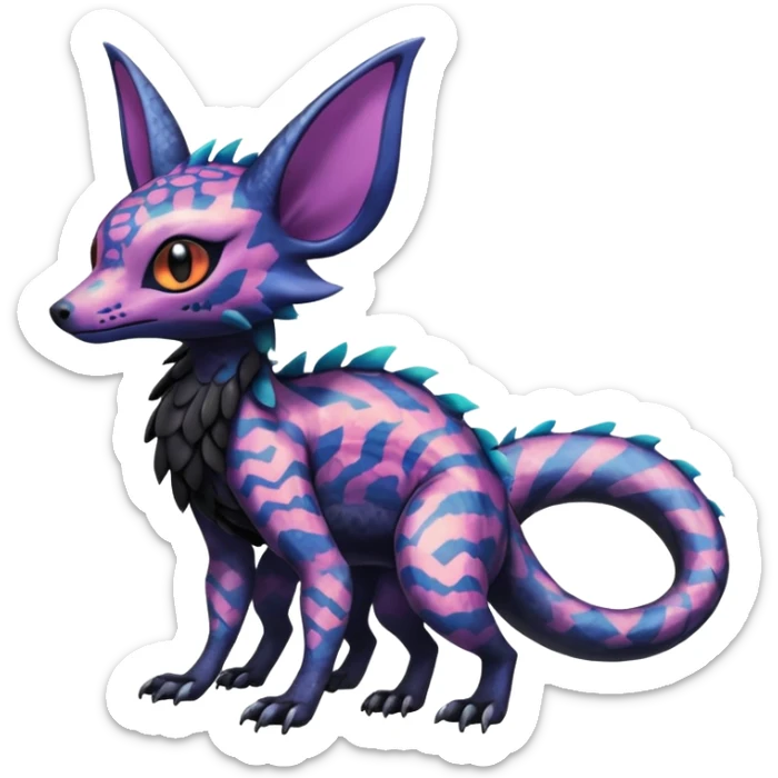 Rare epic aesthetic iridescent spooky gloomy colorful Salandit-Noibat-Eevee-Genet-species-Fakemon-hybrid-creature, with markings, full body sticker