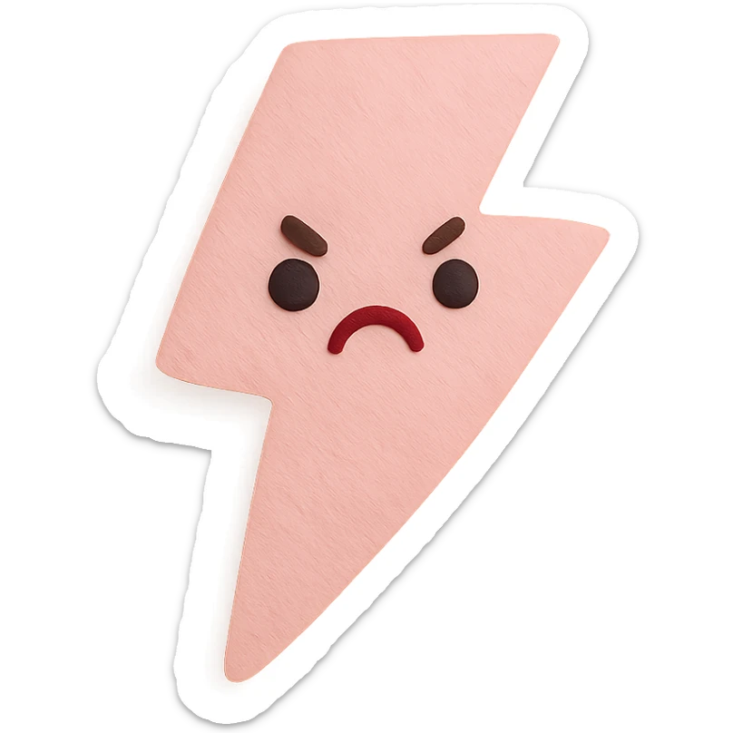 adorable pastel pink lightning bolt, angry pout, no arms or legs, full body, transparent background, kawaii paper craft style sticker