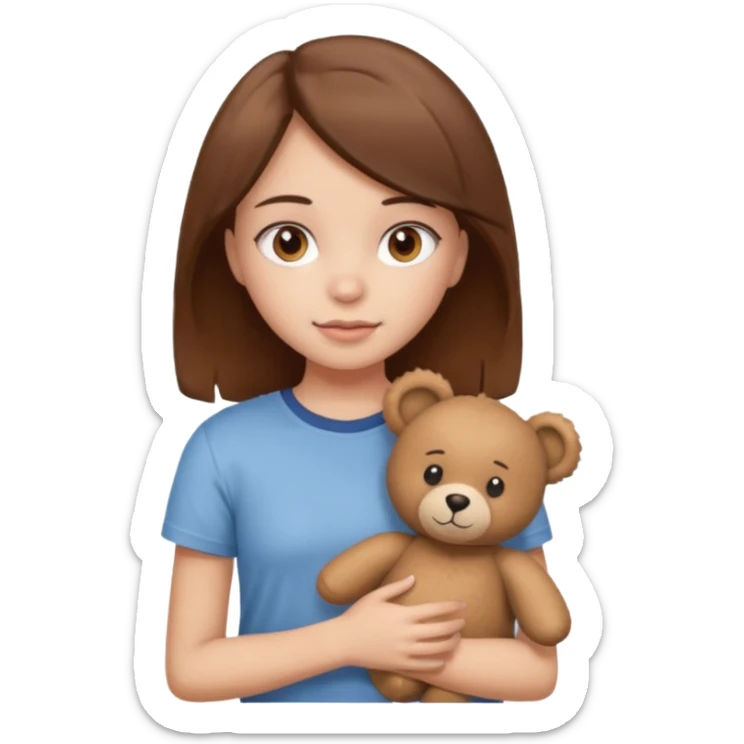 A Girl with Brown hair and Brown eyes with a t-shirt of a Teddy bear sticker