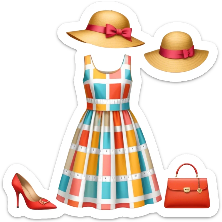 Icon for Fashion Design: a pattern of a bright, beautiful dress with measurements, a ruler, and pencil, along with a hat, shoes, and a handbag. The icon should represent fashion design with attention to detail and style. Transparent background. sticker