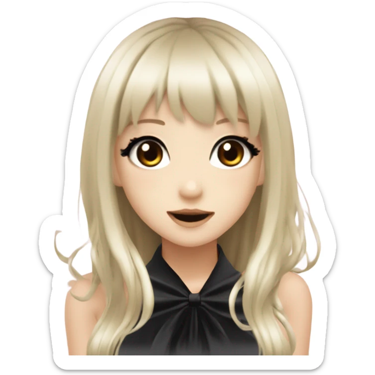 hime gyaru girl with LONG SILKY BLACK HAIR, with black satin halter top with chest, very pale skin and pretty brown monolid eyes sticker