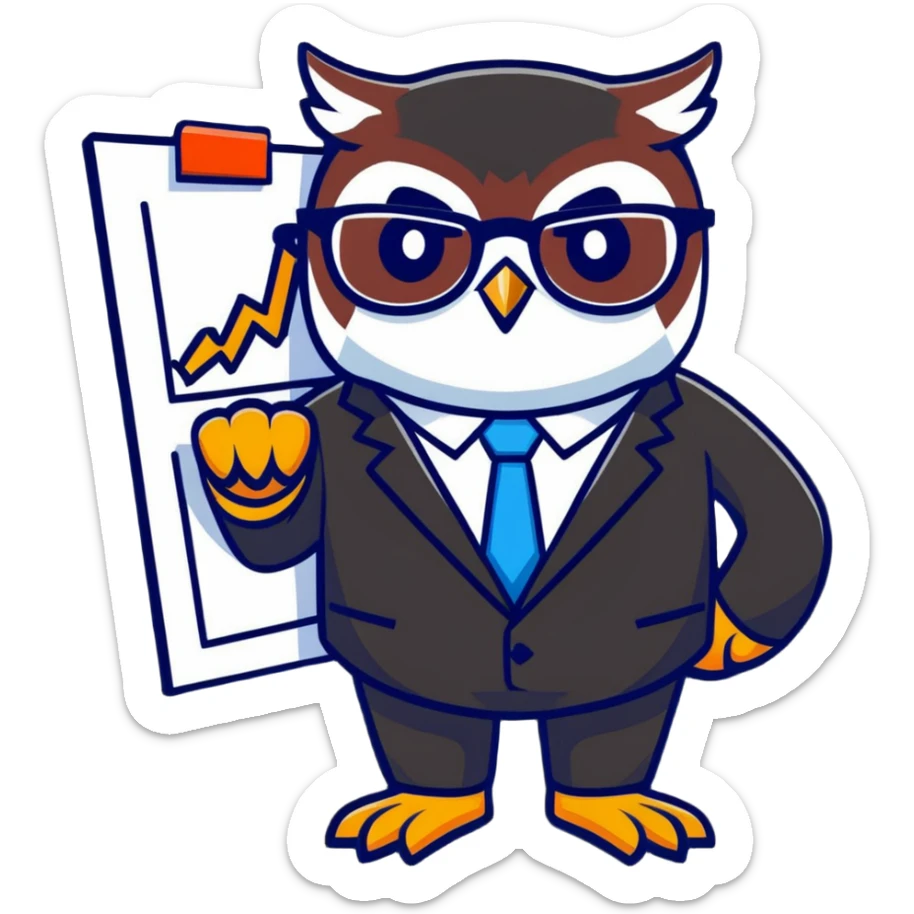 Twilio owl wearing finance outfit with business suit, glasses and stock market chart sticker