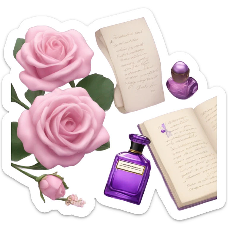 Aesthetic showcase of light pink stock flowers, a vintage-inspired violet perfume bottle, an emotional love note, and a purple silk bookmark. sticker