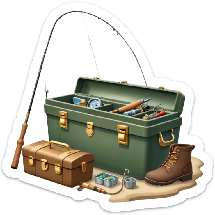 Icon for Fishing: a boat on the shore of a peaceful water body with a beautiful natural landscape, a fishing tackle box, a spinning rod, and boots nearby. The icon should capture the tranquility and gear of a fishing adventure. Without frame. Transparent background. sticker