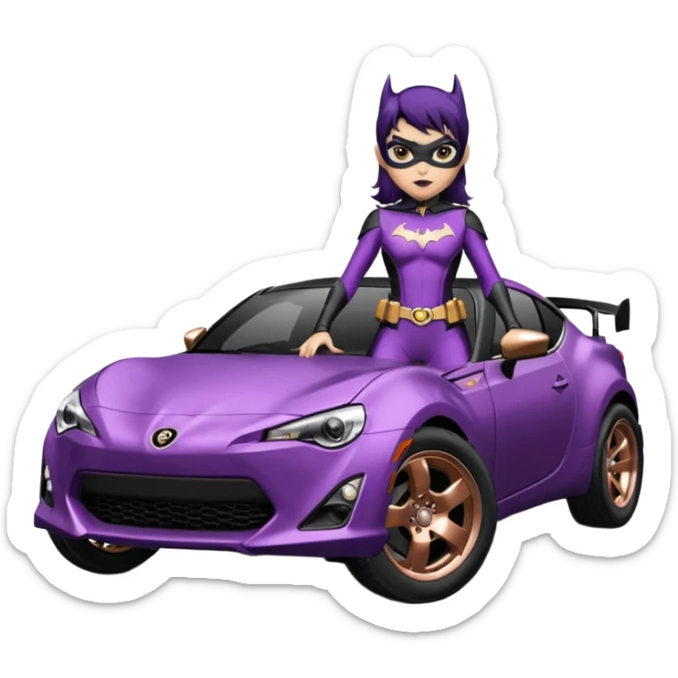 60’s Batgirl themed Satin black and rose gold colored Scion FR-S hot rod off road capable (tight fitting purple suit with black hair on her) sticker