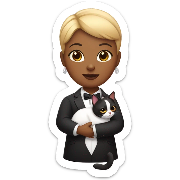 Fat black woman with short blond hair, holding a tuxedo cat in a chihuahua sticker