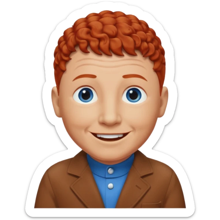 Curly Howard from the Three Stooges with blue eyes, chestnut-red hair, brown outfit sticker