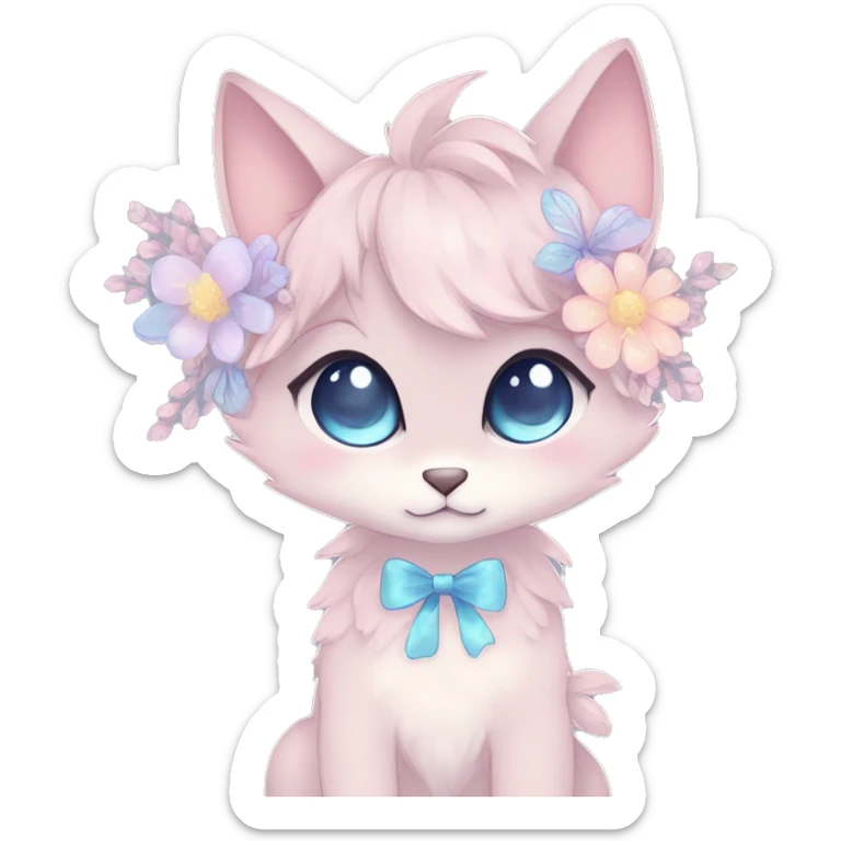 Anthro Cute Cool Blushing Pastel Innocent Shy Kawaii gorgeous sparkly ethereal fantasy anime animal creature with blue eyes furry sona with flowers and ribbons beautiful aesthetic sticker