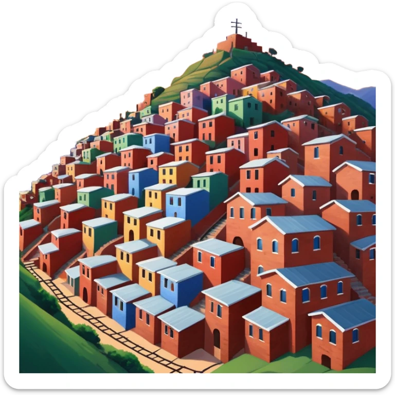 Urban Peruvian hillside neighborhood, brick houses stacked on steep hills, unfinished red brick buildings, colorful painted facades, narrow stairways, electric cables crossing the sky, sunset lighting, realistic style, cinematic, high detail in the desert sticker