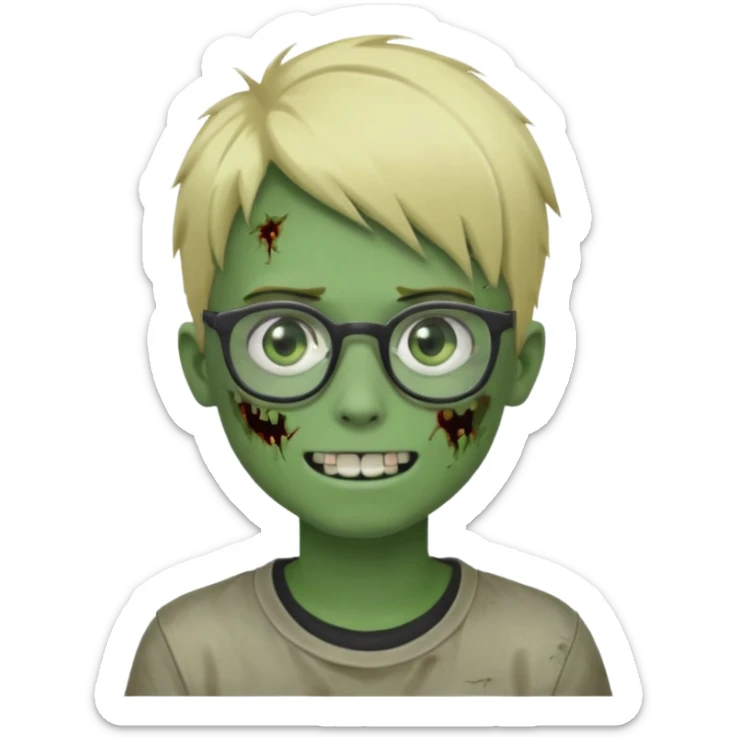 boy zombie with blonde emo hair and green skin and glasses and corner smile sticker
