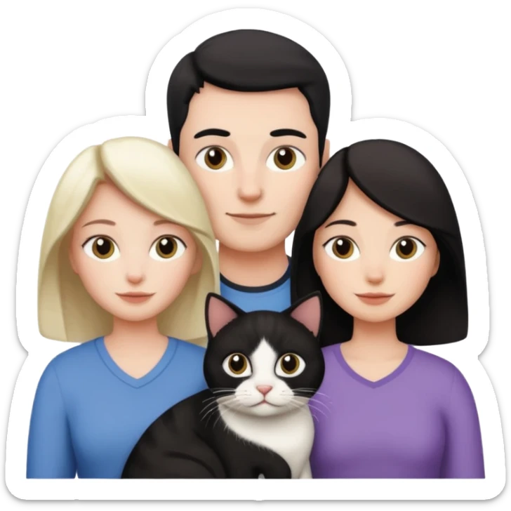 Una familia de 3 mujeres 1 hombre y 1 gato blanco con negro  sticker