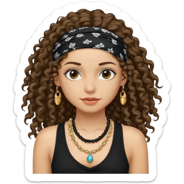 Baddie girl with black  tank top long  curly hairss and bandana and jwellery face only not body sticker