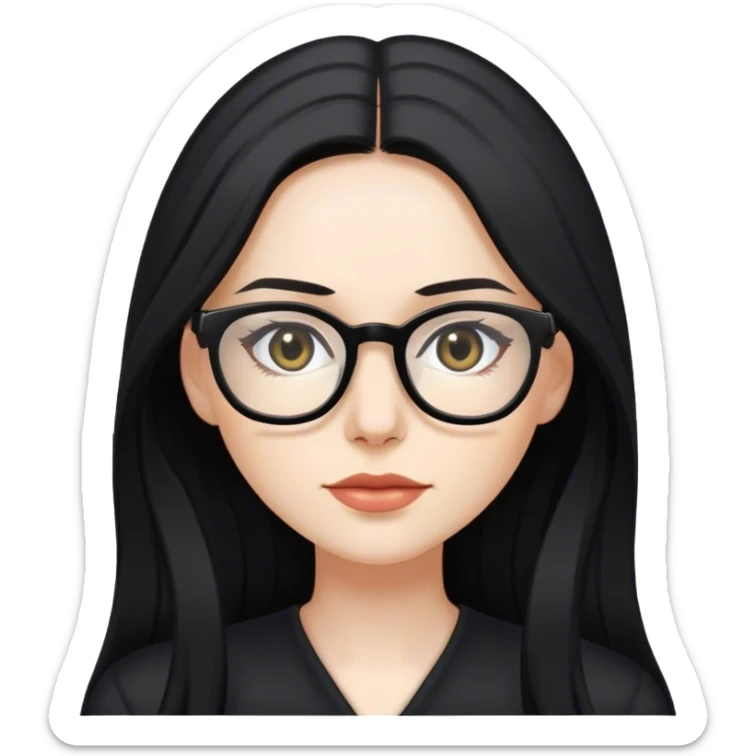 pale woman with long black hair, wearing glasses and black clothing sticker
