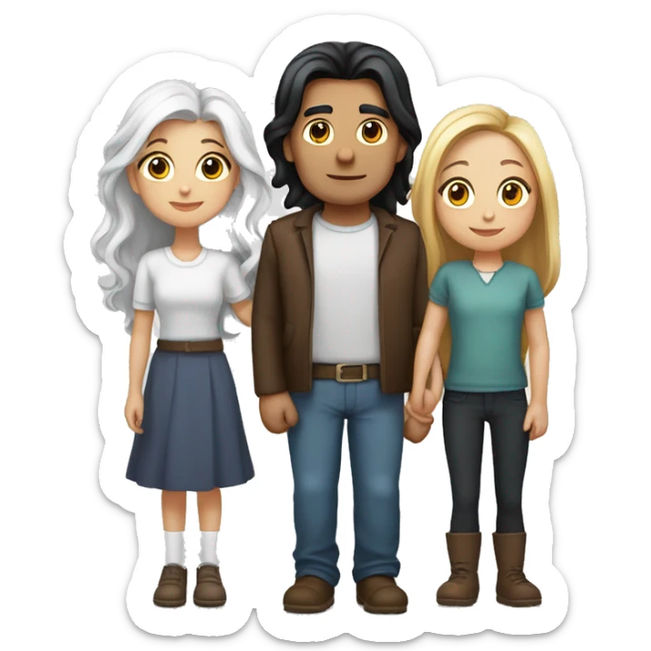  a woman with long brown hair, a man with white hair and a round face, and a young girl with long black hair standing between them, representing a family unit sticker