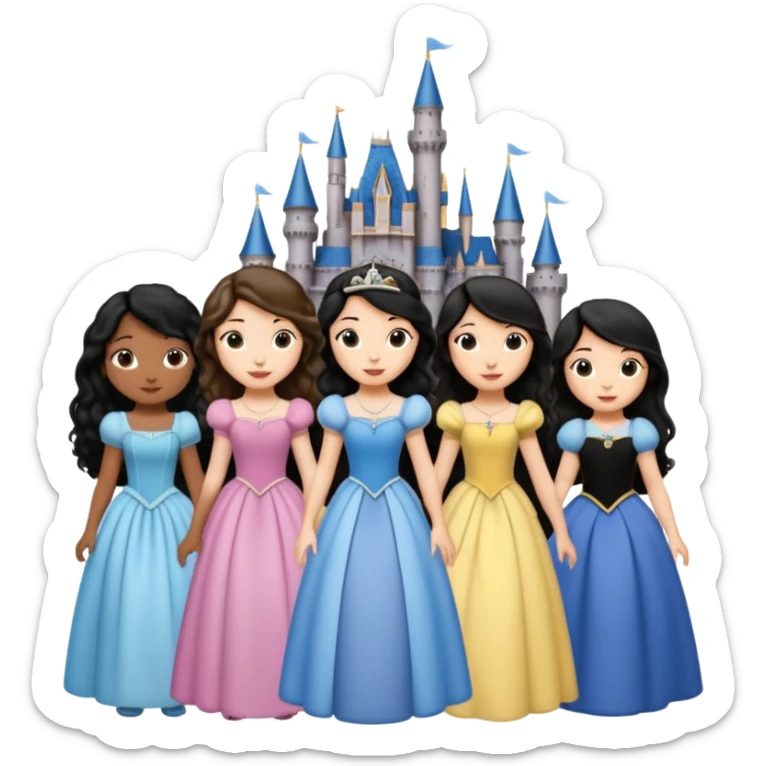 Quiero que crees una imagen donde este el castillo de Disney y por detrás o delante pon a quatro chicas: una con el pelo largo rizado marrón , otra con el pelo muy corto negro, otra con el pelo mediano liso marrón y otra con el pelo negro largo liso sticker