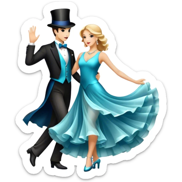 Icon for Ballroom Dancing: a pair of elegant dance shoes, a flowing dress, a top hat, and a dance floor spotlight. The icon should represent the elegance and atmosphere of ballroom dance, focusing on the iconic dance elements. Transparent background. sticker