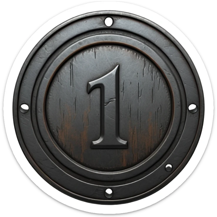 Minimal emoji, gothic metal coin made of black steel, engraved number 1 at the center, ancient industrial aesthetic, worn metal texture, no glow, no neon, flat emoji design, centered, transparent background sticker