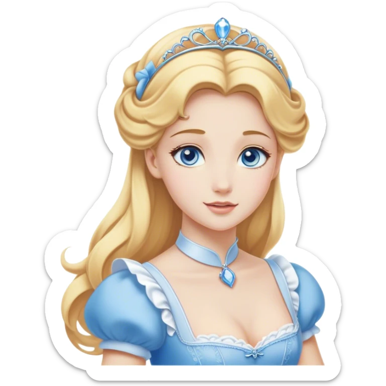 Cinematic Elegant Cinderella Portrait Emoji, Graceful and poised in her classic maid attire, golden locks cascading softly, bright blue eyes full of hope, a gentle glow of kindness and determination, delicate and humble yet undeniably beautiful, evoking the moment before her magical transformation, pure enchantment in her gaze! sticker