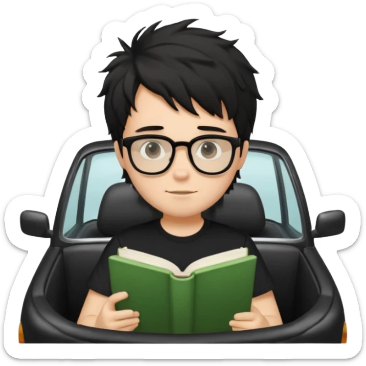 generate a pretty bratz fair skinned boy with black messy hair wearing a black tshirt driving. Glasses on. holding books sticker