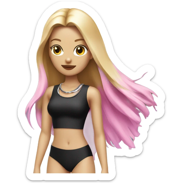 Woman with blue eyes, pink lips and long blonde straight hair. black swimsuit. black band with metal ring around neck sticker