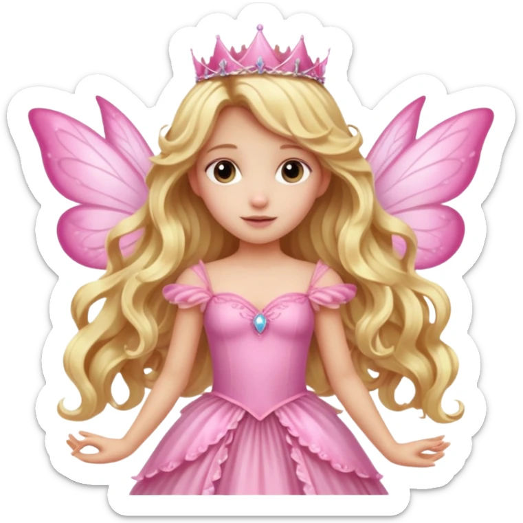 Detailed long pink princess dress, long blonde wavy hair, pink fairy wings sticker