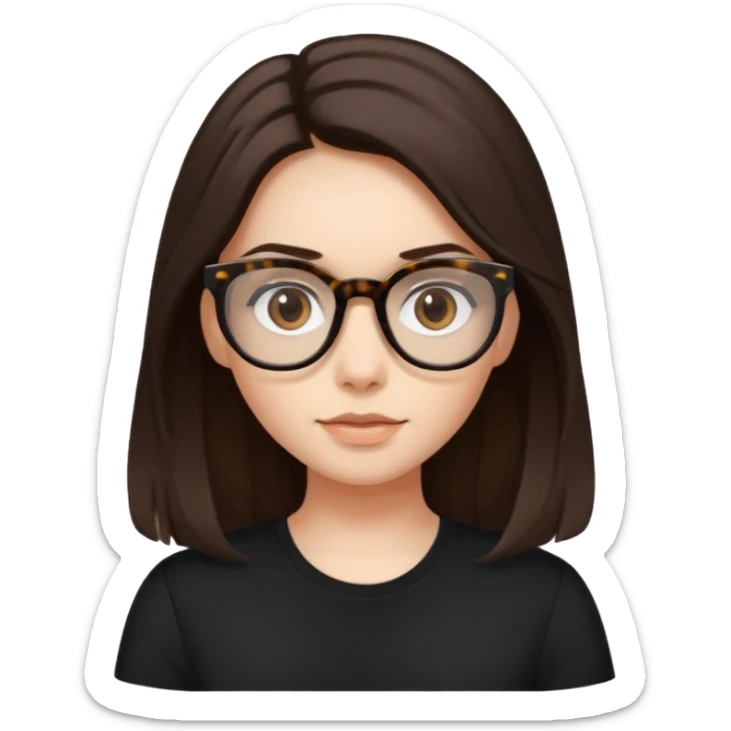 The girl with dark brown long hair, white skin, brown dark eyes, wearing black shirt and tortoise framed glasses sticker