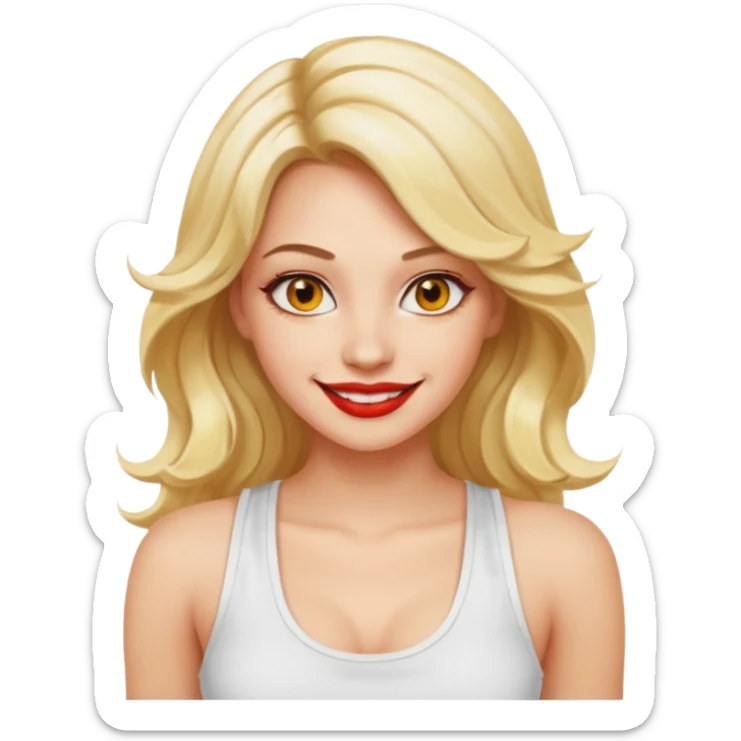 a woman with white tank top and smile, her hair is long wavy blonde hair, her face is baddie girl style, her eyes color are yellow and the color of her lip is soft red sticker