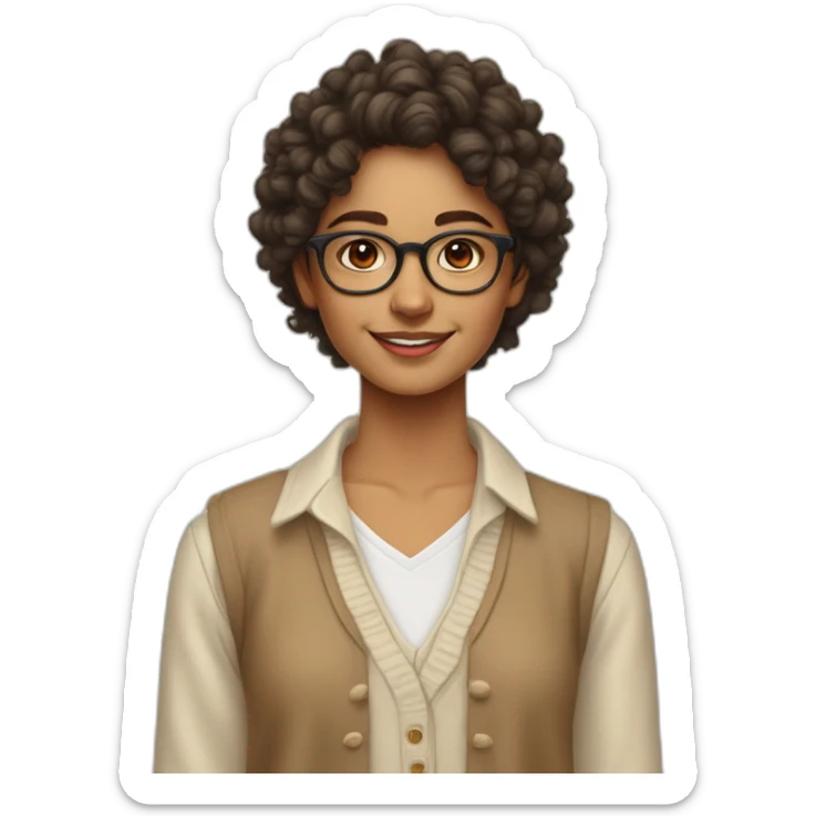 smiling indian teenage girl with curly hair and glasses wearing a collared long sleeve white shirt under a beige v shaped collar sweatervest with no buttons sticker