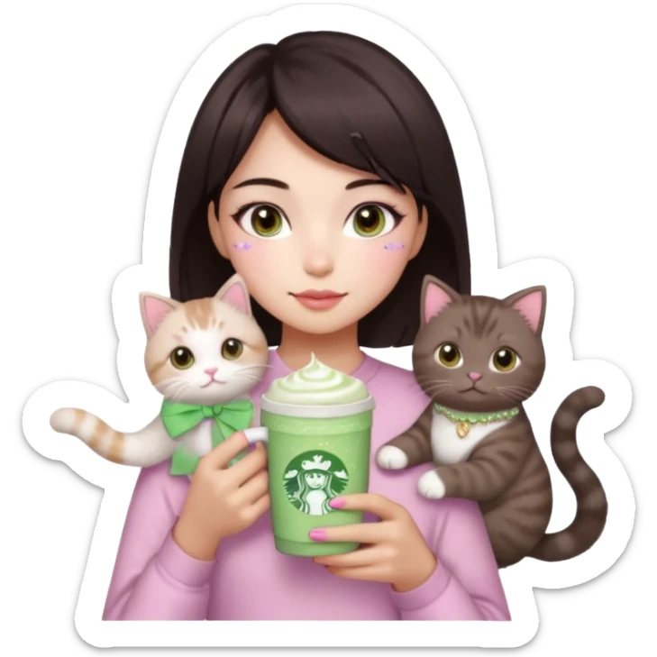 asian girl with short dark brown hair and dark brown eyes with a soft girl pink glowup aesthetic, matcha latte, 2 light brownragdoll cats, and sparkles, makeup, and money. more sparkles sticker