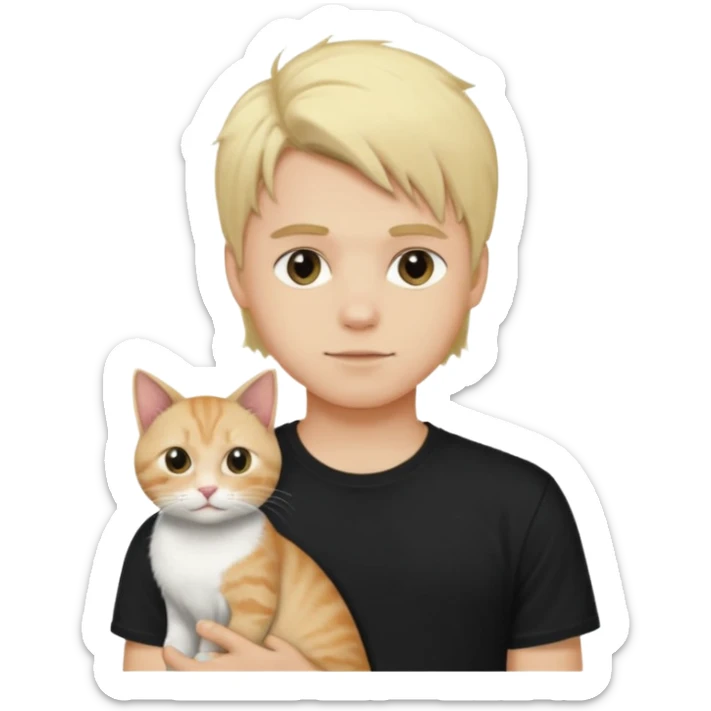 sexy boy with blond rozcuchanými hair and black t-shirt with cat  sticker