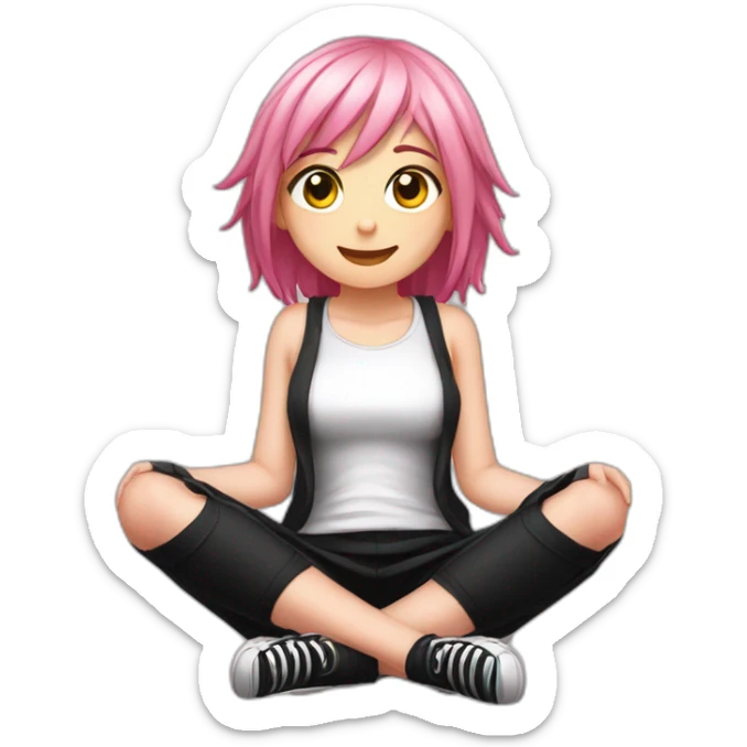 Full body Front view curvy emo girl pink hair sits on the floor straight view hands up black skirt белые трусики sticker