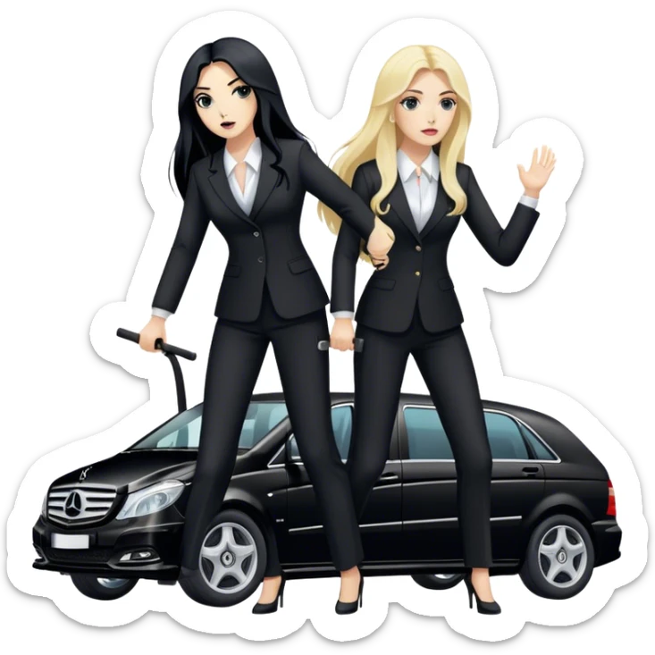 Two woman in black pants suits. They have long hair. One has black hair and one is blond. They are punching a stretcher with a coffin on into a black Mercedes Vito sticker