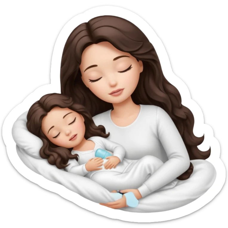 White Barbie girl dark brown long wavy hair in white clothes sleeping with white baby at cream bed, eyes are closed sticker