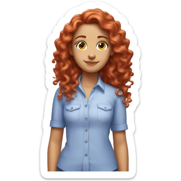 white girl with long red curly hair, wearing a pastel periwinkle shirt doing a pose sticker