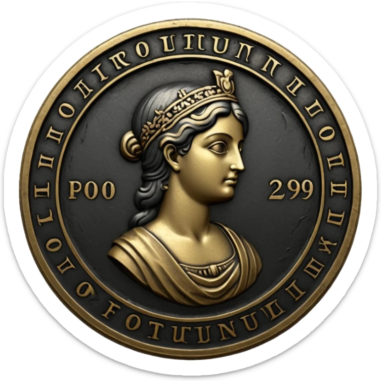 Emoji style, ancient coin made of blackened metal, “FORTUNA” engraved in refined fashion typography, heavy form, subtle worn metal texture, avant-garde editorial aesthetic, no glow, no neon, flat emoji design, centered, transparent background sticker