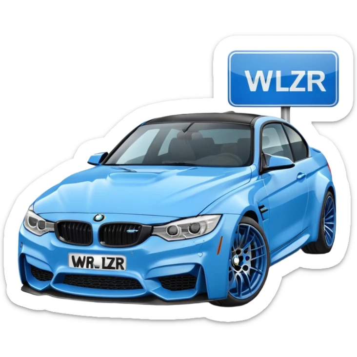 Make me an emoji with a blue bmw M3 and some kind of sign that says ‘W LZR’ sticker