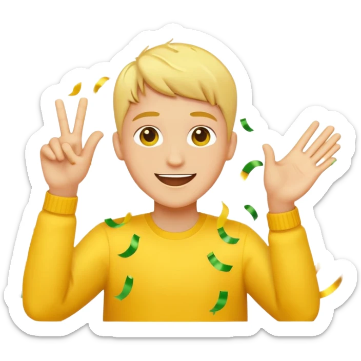celebration scene for 'Lamine YAML 304' in yellow Apple emoji hand style, festive elements like confetti, streamers, joyful hand gesture, bright yellow color palette sticker