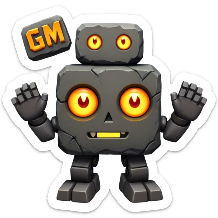 Rock creature with glowing eyes and 'GM' behind, featuring a blocky body of dark gray stones, orange-brown arms and chest patch, and seven glowing yellow eyes—three on the left, one in the middle, and three on the right—arranged on its head, with large bold 'GM' letters in the background.

 sticker