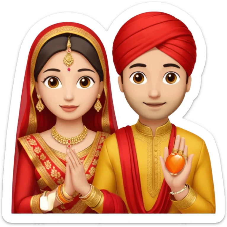 Two hands in a engagement..One hand of groom and one hand of bride. Bride hand - red/yellow saree. groom- light orange punjabi (oonly hands will be visible in the image). Groom's hand is holding a ring.*only the image of hand should be visible* sticker