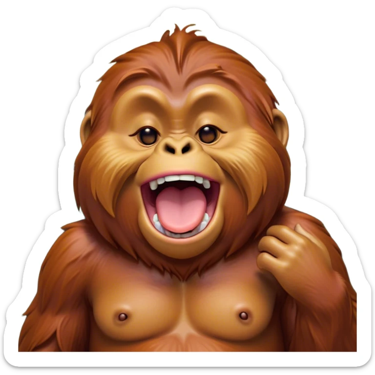 Cinematic Cute Yawning Orangutan Portrait Emoji, Head tilted slightly with a dramatic, wide-open yawn, showcasing a richly textured face with half-closed, sleepy eyes and a relaxed, open expression, Simplified yet irresistibly adorable features, highly detailed, glowing with a soft, cozy jungle glow, high shine, relaxed yet expressive, stylized with a dash of whimsical charm, soft glowing outline, capturing the essence of a drowsy yet affectionate guardian that appears ready to stretch out for a nap! sticker
