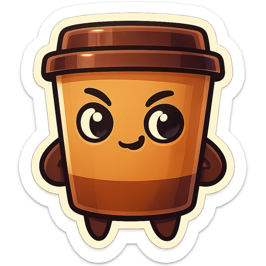 Tall coffee cup, mischievous eyes, pondering sticker