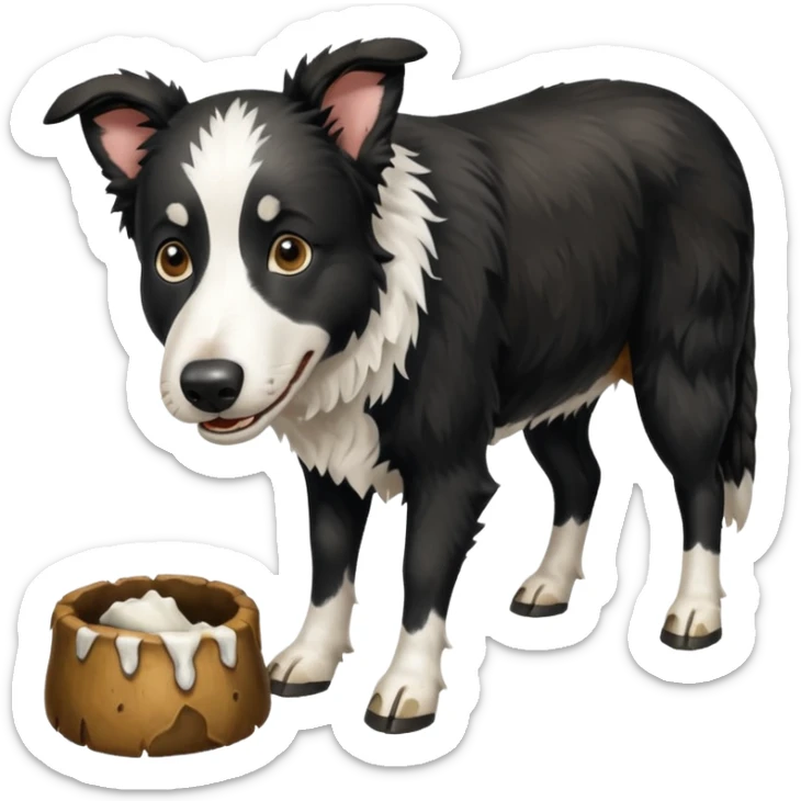 A black and white border collie is chewing on a cow's hoof. sticker