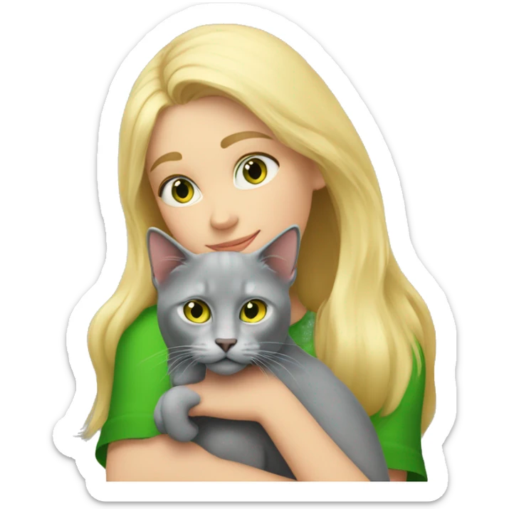 blonde girl hugs a gray cat with green-yellow eyes blonde girl hugs a gray cat with green-yellow eyes sticker