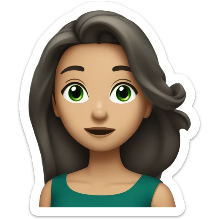 a brunette with long hair and green eyes and in a dark blue dress sends an air kiss sticker