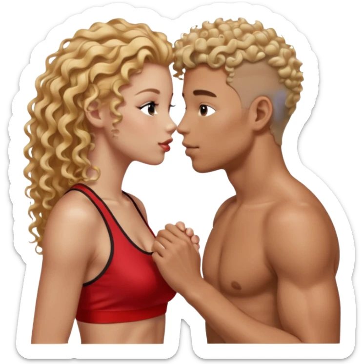 athletic man, high top fade, blonde curly hair only top only, no shirt and Athletic girl with long light RED wavy long hair and black sports, Put them together kissing, or holding hands give the girl red hair  sticker