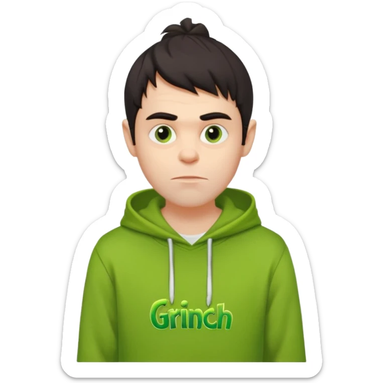 Create an avatar of white Europeanwith dark hair  male in hoodie with ``BST`` letters on it. Make background to look like from movie Grinch sticker