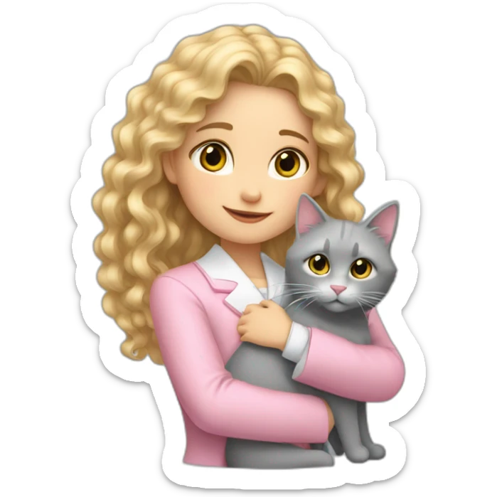 A girl with long curly blond hair in a pink formal jacket and a white dress hugs a gray cat sticker