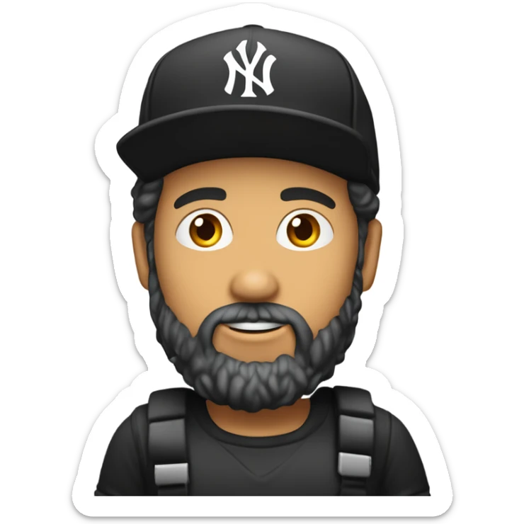 Homme blanc / cheveux courts noir / barbe courte / casquette noir yankees noir / avec une bière sticker